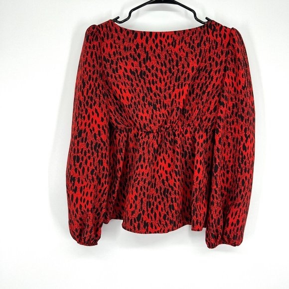 Topshop Blouse Red Black Leopard Print Lace Up Long Sleeve - Picture 8 of 10